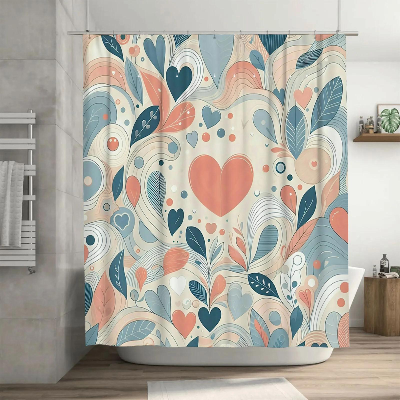 Abstract Heart and Leaf Shower Curtain - Modern Artistic Design for a Unique and Stylish Bathroom Décor W90xH180cm