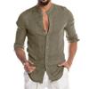 Plus Size Men's Spring and Summer Comfortable Long Sleeve Linen Top Solid Buttoned Stand Collar Loose Shirt