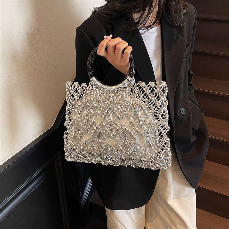 Hollow Woven Straw Beach Tote Bag - Handmade Large Capacity Vacation Shoulder Handbag for Beach