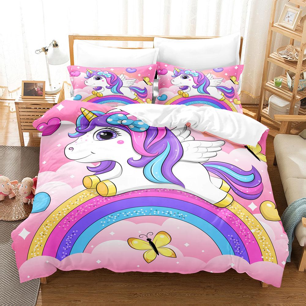 3D Cartoon Bedding Set Unicorn Rainbow Printed Duvet Cover Set Soft Skin-Friendly Single Double King Size for Kids Birthday Gift