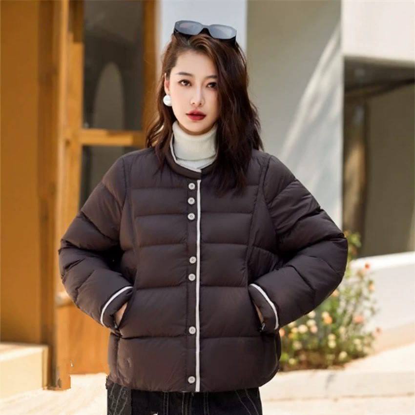 Down jacket new simple literary small stand-up collar white duck down warm versatile contrasting color casual color matching jacket
