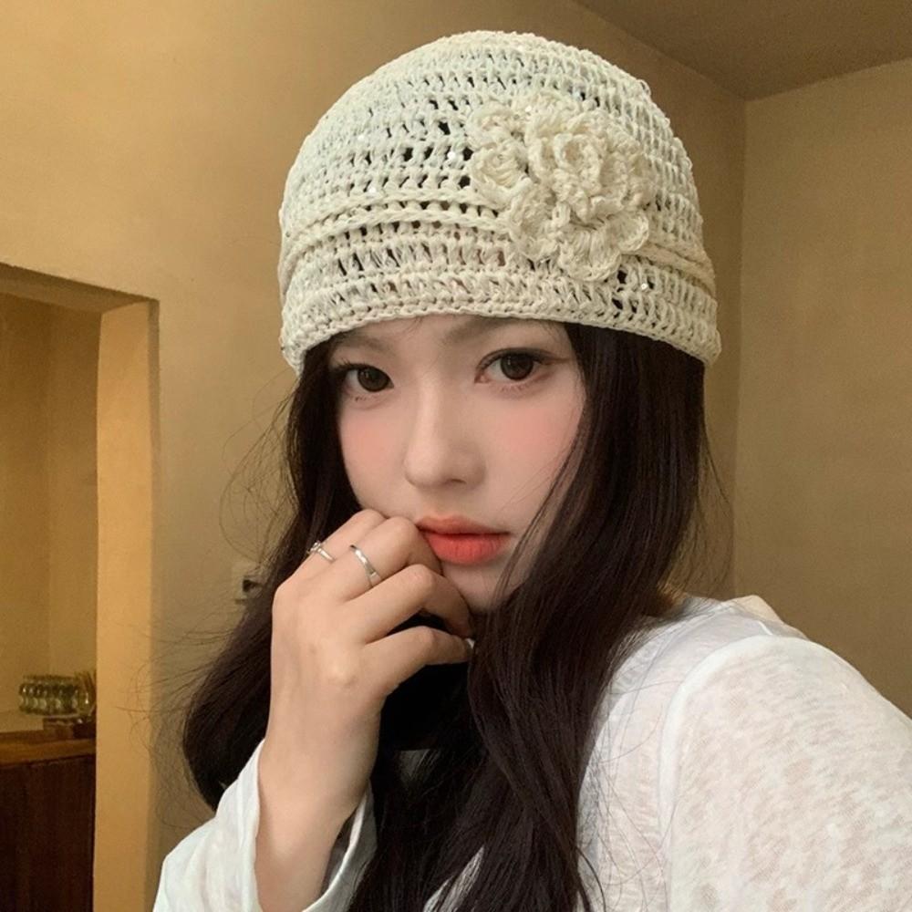 Y2k Flower Knitted Caps Hand-woven Beanies Cap Casual Sequin Crochet Hat  Spring Summer