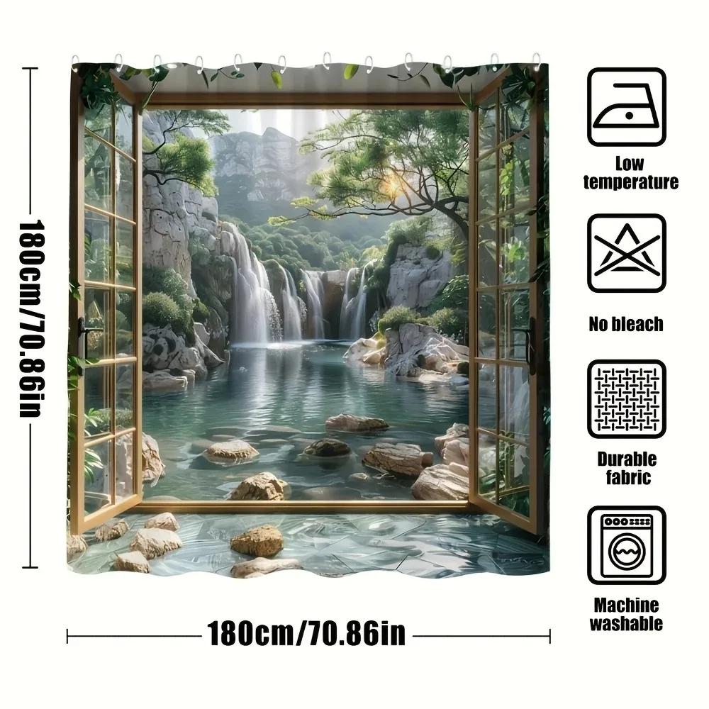 Waterfall & Mountain Shower Curtain, Waterproof Polyester With Hooks, Perfect For Bathroom Decor, Nature Theme Gift