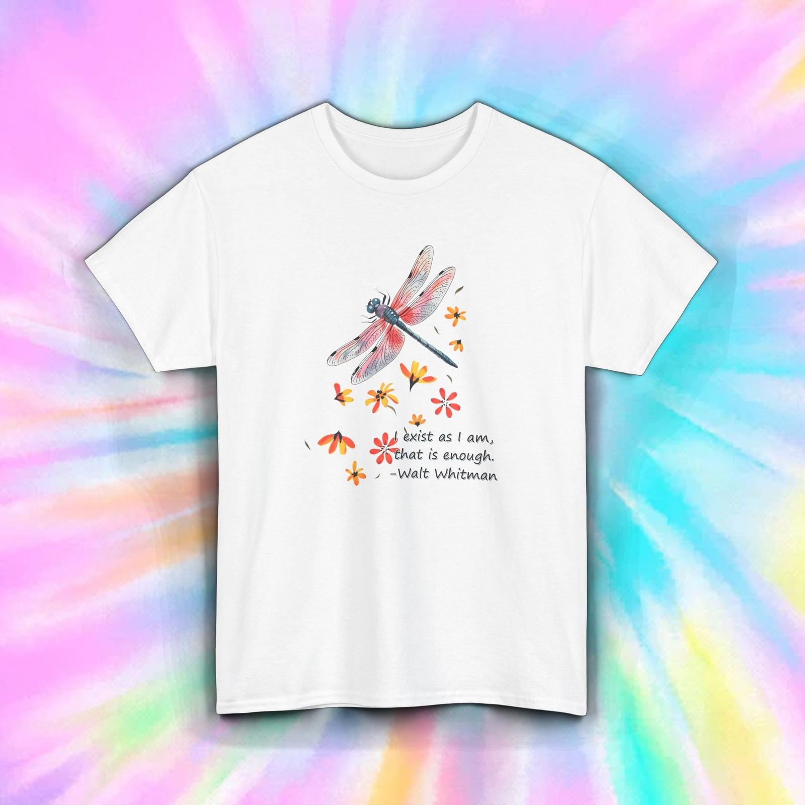 Walt Whitman Quote Shirt Dragonfly Floral Exist As I Am Poetic Tee S-5XL S