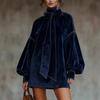 Rochie Mini Nouă din Catifea, Gât Înalt cu Cravată Papion Mâneci Bufante Manșete Elastice Rochie pentru Femei, Stil European American