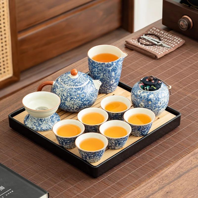 Ru Fırını Çiçekli Kung Fu Çay Seti Seramik Çaydanlık Gaiwan Çin Retro Saplı Çaydanlık Hediye Kutusu Üst Düzey Hediye