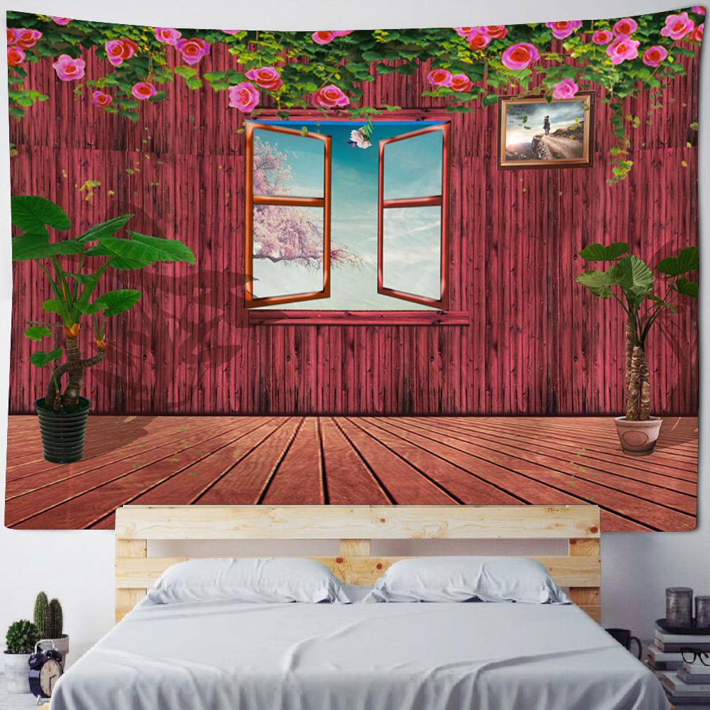 Imitation Window Landscape Tapestry, Wall Hanging, Floral Plants, Living Room, Bedroom, Office, Home Wall Background Cloth