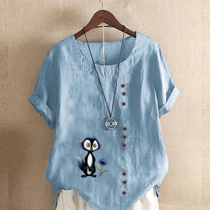 Women's Fashion Blue Fox Prined Short Sleeve T-shirt Loose Cotton Shirt Casual Loose Summer Blouse Tops Plus Size