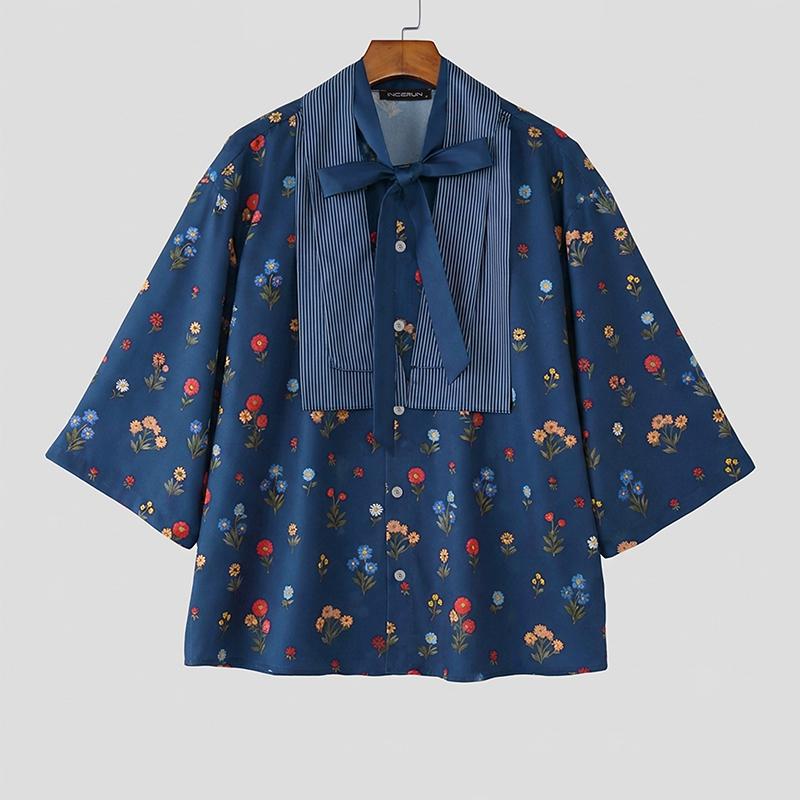 INCERUN Men Lapel Neck Short Sleeve Floral Print Striped Patchwork Casual Summer Shirts Tops