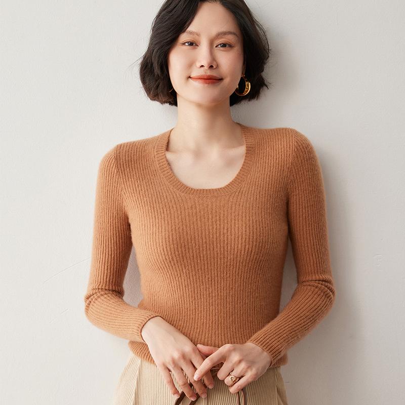 Women's U-neck Slim Fit Cashmere Sweater - Ribbed, Solid Color, Elegant & Versatile Wool Base Layer.