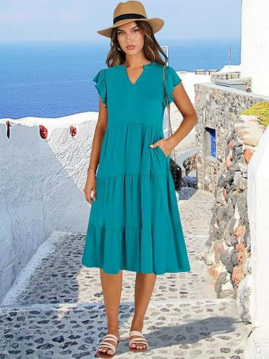 2025 Women's V-Neck Ruffle Sleeve Patchwork Midi Dress with Pockets