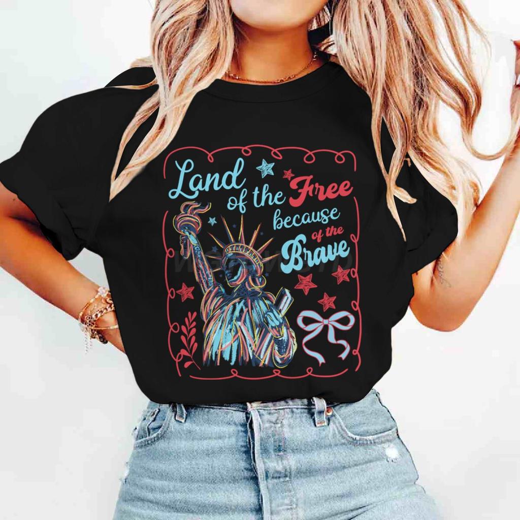 Terra dei Liberi Grazie ai Coraggiosi Magliette Maglietta del 4 Luglio Manica Corta Divertente Casual Top Estivi Abbigliamento Donna
