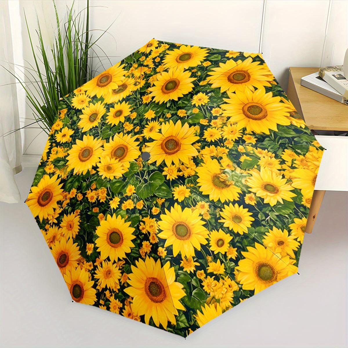 

Automatic Folding Umbrella Yellow sunflowers with green leaves. Portable collapsible design, casual outdoor accessory, for all (as the picture,iron&8K)