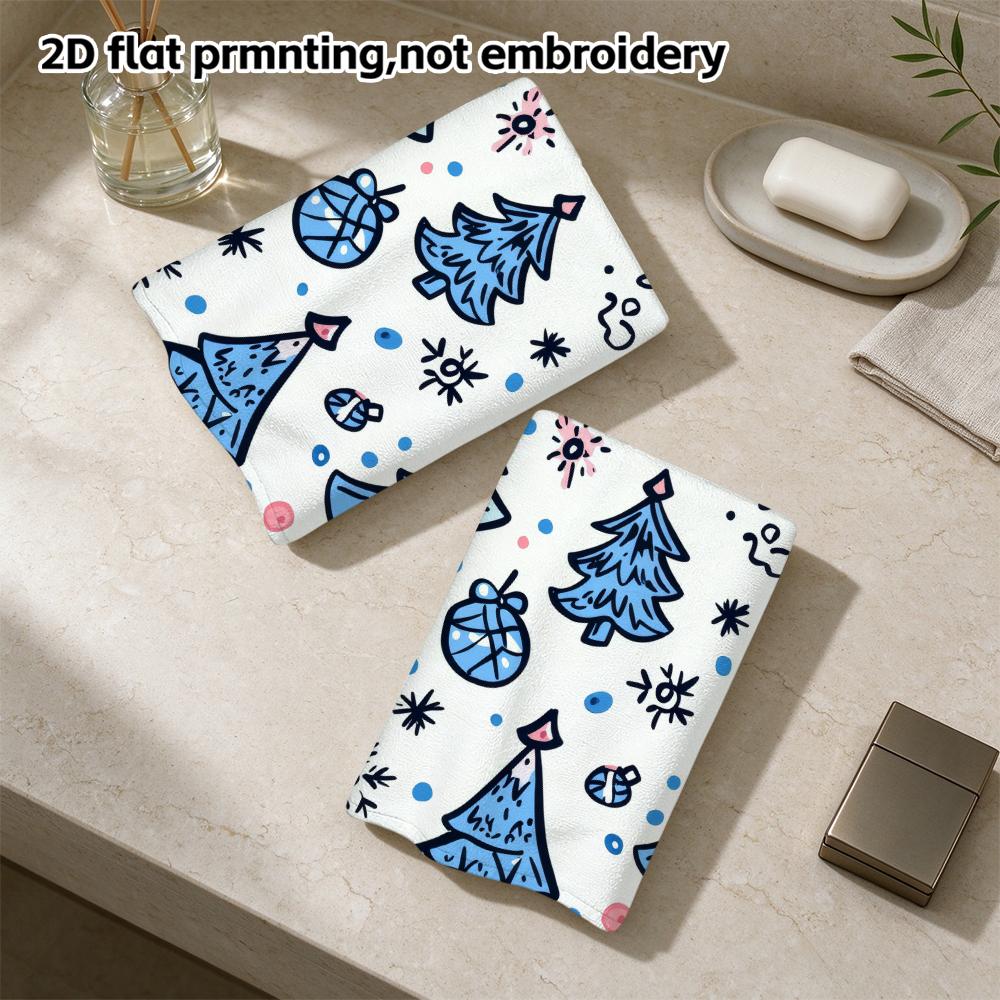 Cute Blue Doodle Christmas Tree Towel, Soft Absorbent Quick Dry Festive Bathroom Towel