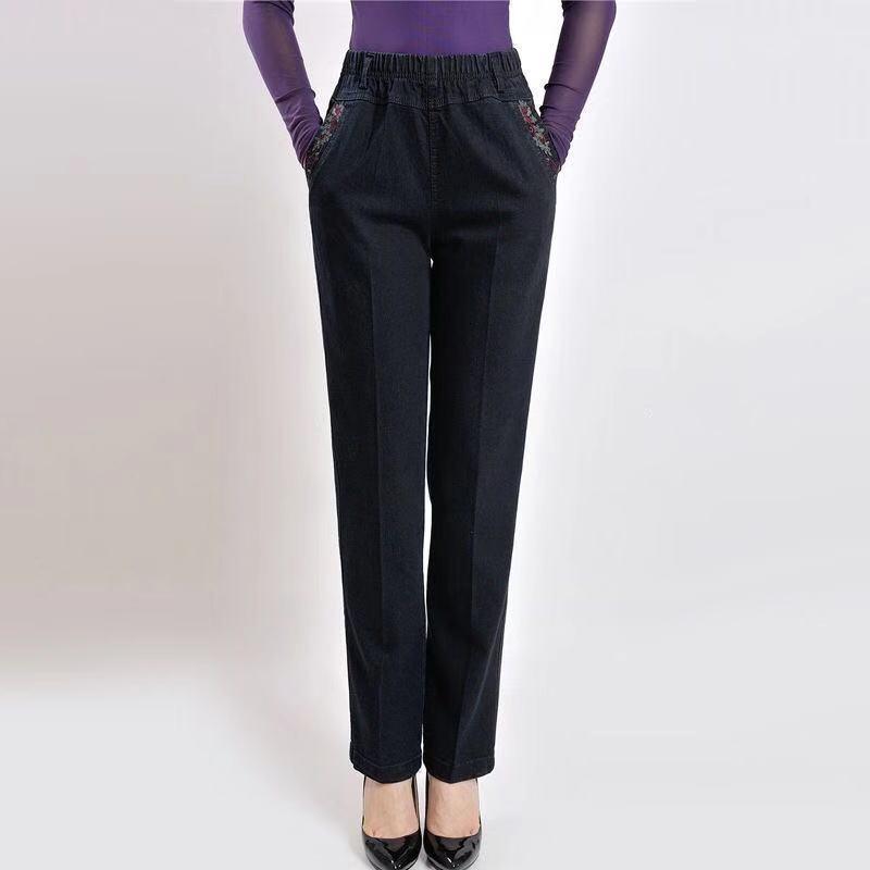 GMXIA Middle-aged and Elderly Women's Pants, Spring and Summer Mom Jeans, Large-sized Stretch, High-waisted, Loose Harem Straight-leg Pants