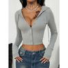 Autumn Spring Gray Hooded Short Knitted Cardigan Deep V Neck Slim Fit Crop Top Urban Hot Girl Top