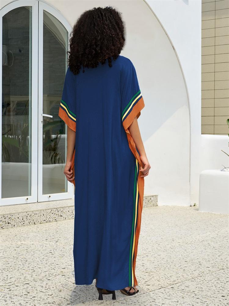 EDOLYNSA Chic V-neck Plus Size Kaftan Long Beach Dress 2024 Women Summer Holiday Beachwear Swimsuit Cover Up Loose Cozy House Robe Q1615