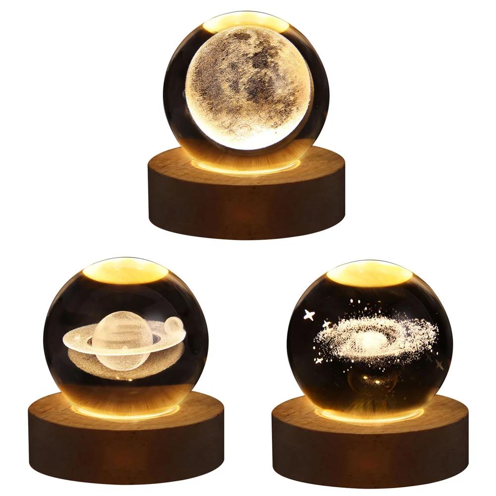 LED Crystal Ball Lamp Milky Way System Crystal Ball Glowing Solar System Crystal Ball with Wooden Base Glass Planet Nightlight