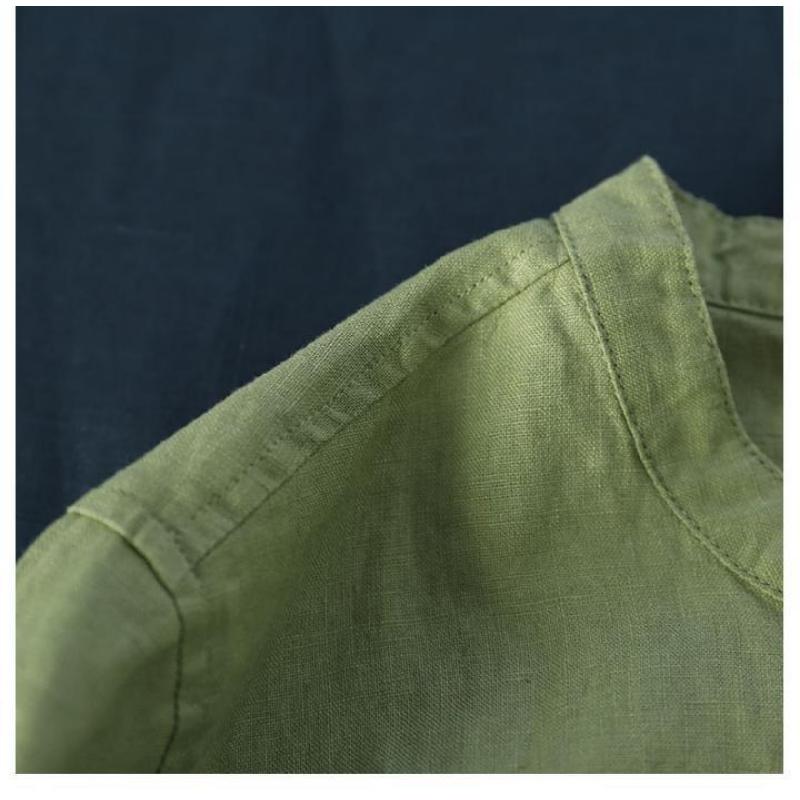 Abito Chemisier in Cotone e Lino Traspirante Collo Alto Manica 3/4 Abbottonatura Frontale Vestibilità Larga Taglie Forti Abito Lungo con Tasche Casual Quotidiano da Vacanza