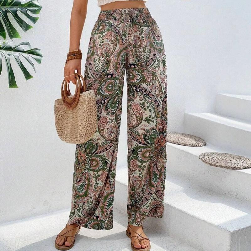 Summer New Fashion Printed Elastic Waist Wide Leg Pants Women Vintage Vacation Beach Pants Casual Woman Simple Thin Office Ladies Long Trousers 25783