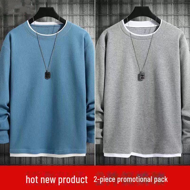 Unisex Fake Two-Piece Waffle Long-Sleeve Sweatshirt - Loose Round Neck, Solid Color, Large Size for Spring & Autumn