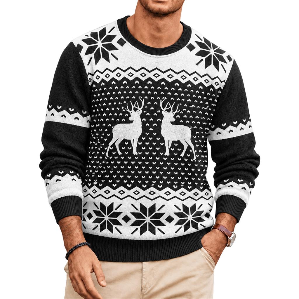 Christmas Floral Print Men's Crewneck Sweater, Casual Holiday Pullover