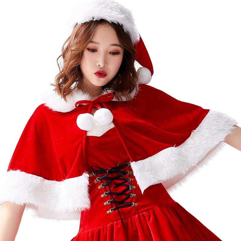 Christmas Santa Claus Party Costume Dress Up Shawl with Hat Outfit Red & White Gold Velvet 3 Type Optional for Adult Kid