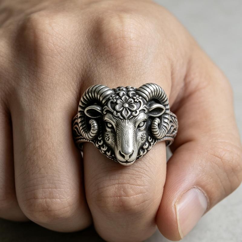 Vintage Silvery Ram Head Ring, Carved Flower Aries Ring, Gothic Animal Punk Jewelry, Dainty Gift For Men Women Party Accessories
