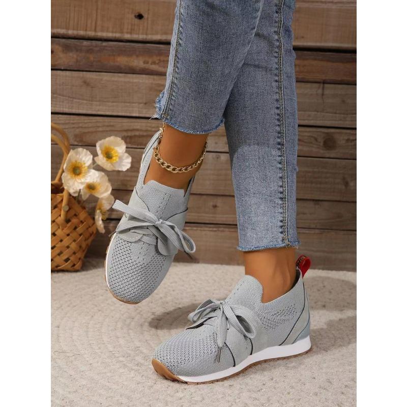 2025 New Style Flyknit Mesh Breathable Casual Lightweight Lace-Up Chunky Heel Women's Casual Flats Women's Size 43