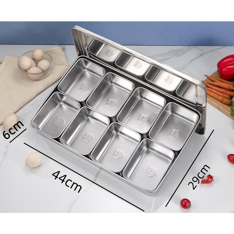 Stainless Steel Seasoning Box with Lid and Holder Tray 6/8 Compartments Rectangle Spice Container Kitchen Utensils
