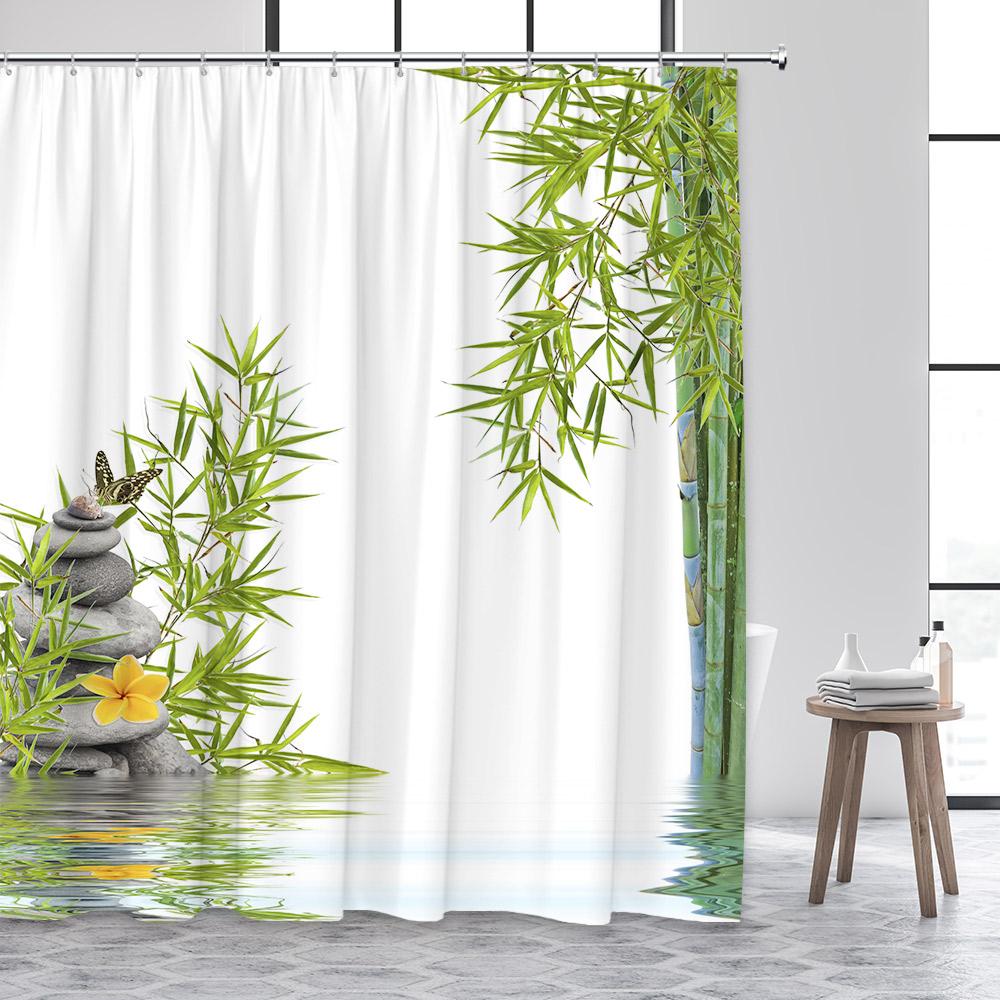 Zen Shower Curtain Green Bamboo Buddha Pink Orchid Lotus Swan Spa Nature Scenery Bathroom Curtains Fabric Home Decor with Hooks