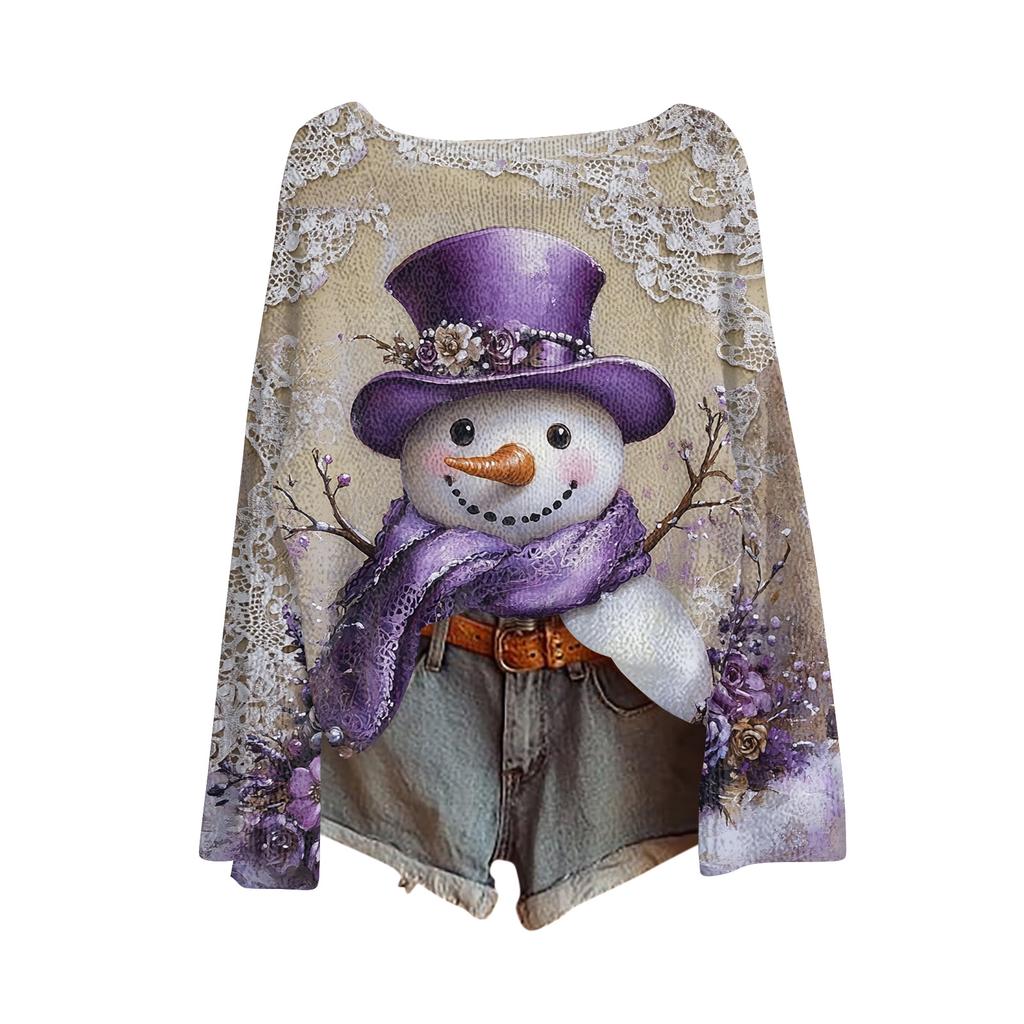 Women's Fashion Christmas Print Lightweight Sweater Casual Long-Sleeve Knit Pullover Top
