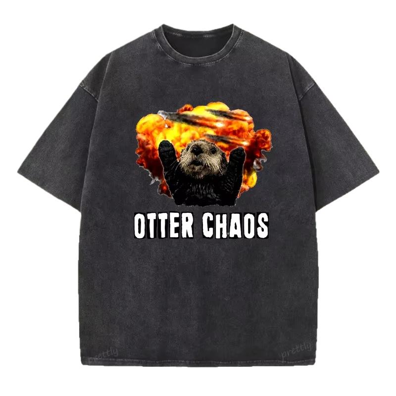 Otter Chaos T Shirt Woman Cute Funny Sea Otter Graphic T Shirts Unisex Vintage Cotton Short Sleeve Tshirt Tops S