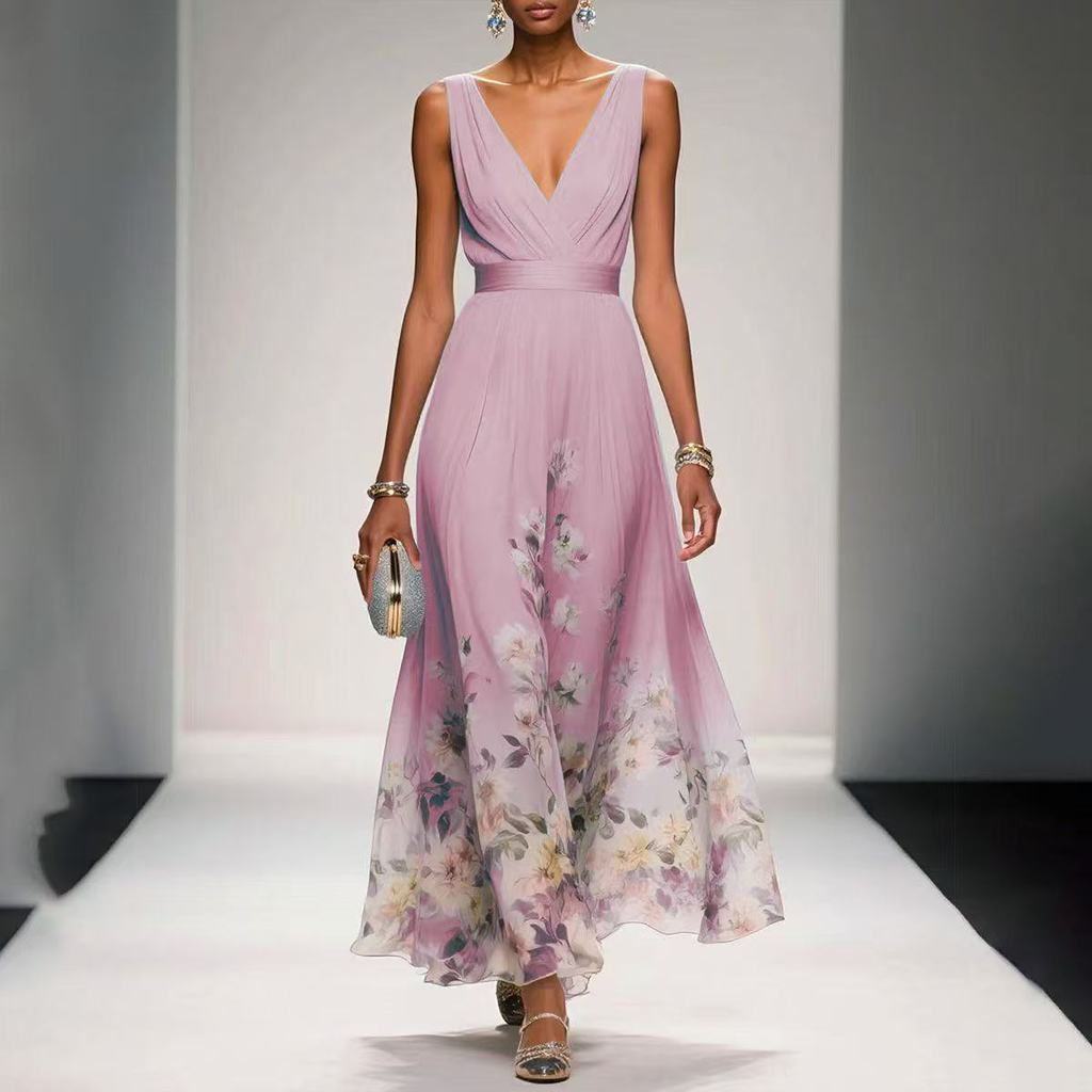 Summer Sexy V Neck Floral Chiffon Dress With Tie Waist For Casual And Party Wear