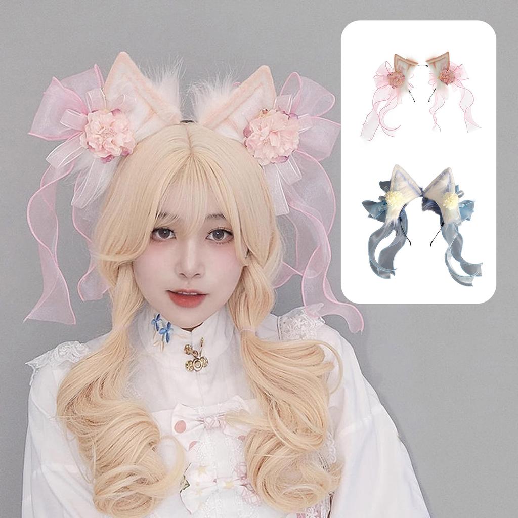 Sweet Students Woman Cat Ear Hairband with Flower&Bowknot Gorgeous Cat Ear Headbands Chinese Style Hanfu Hair Hoop