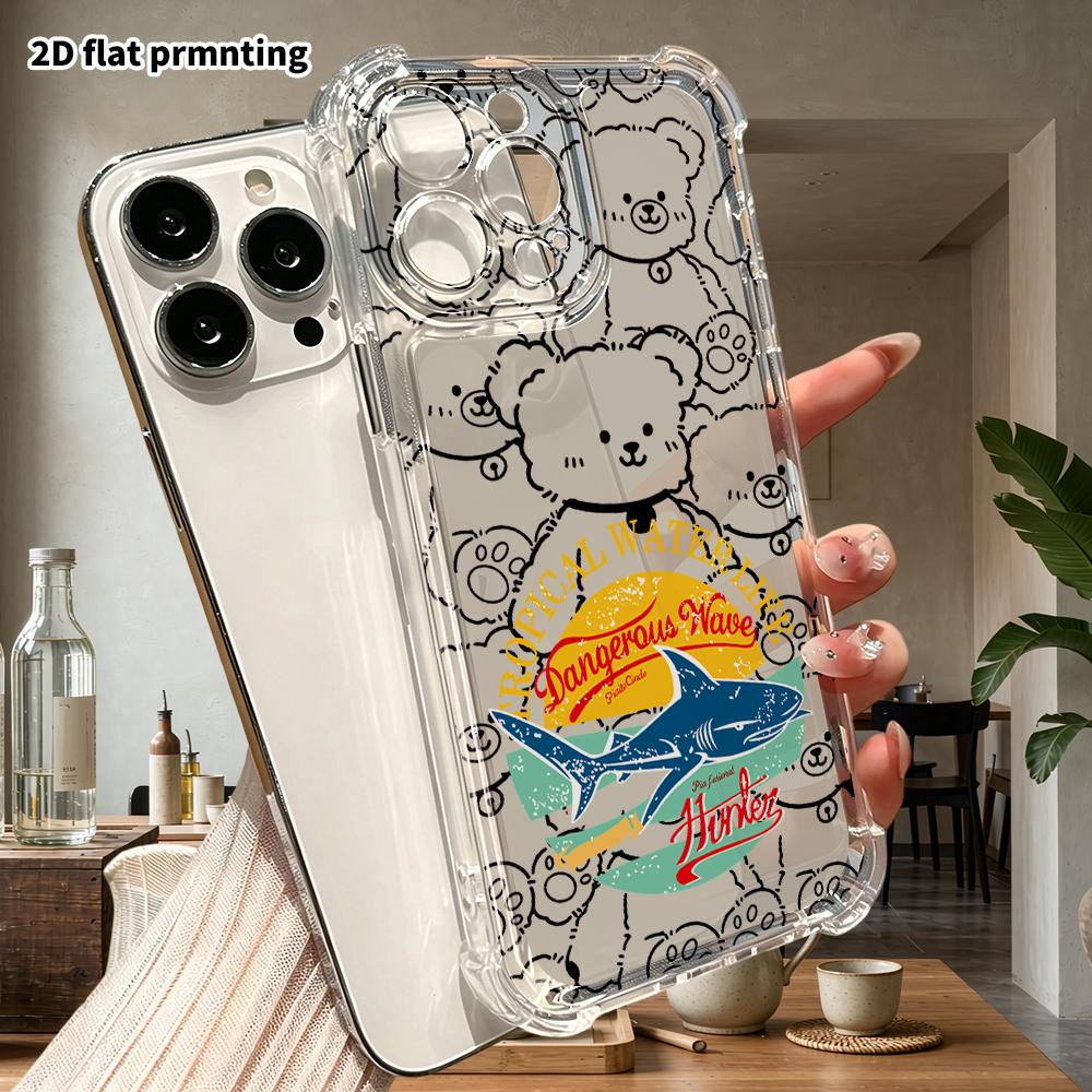 Phone Case: 2D flat suitable for iPhone 18 17 16 15 14 13 Pro, transparent corner drop proof protective case, shark surfing, Christmas and Halloween g