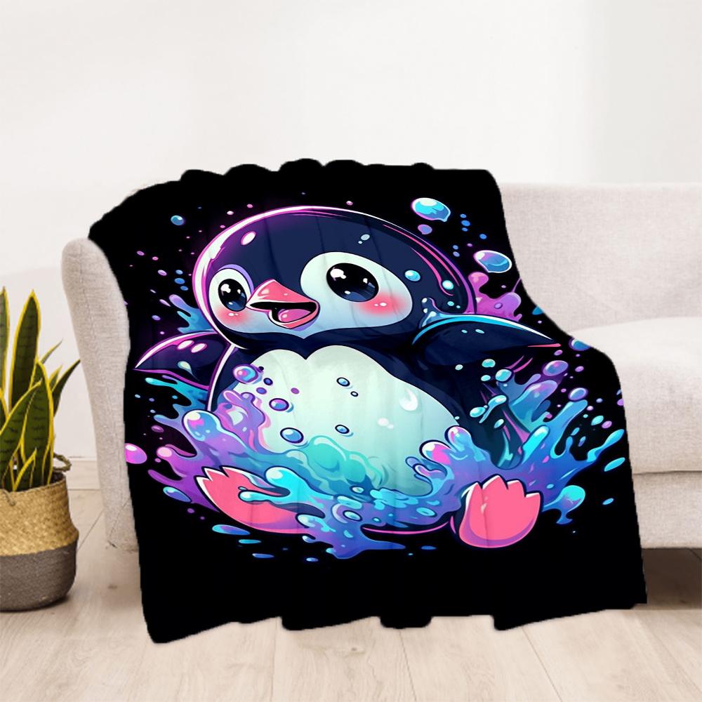 1pc Penguin Splash Flannel Blanket, Comfortable and Warm Blanket, for Camping Sofa Bed and Couch Office022