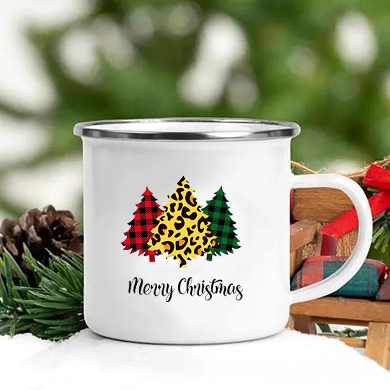 Merry Christmas Print Creative Enamel Coffee Tea Wine Drink Mug Dessert Hot Cocoa Milk Cup Cake Mugs Handle Drinkware Xmas Gifts