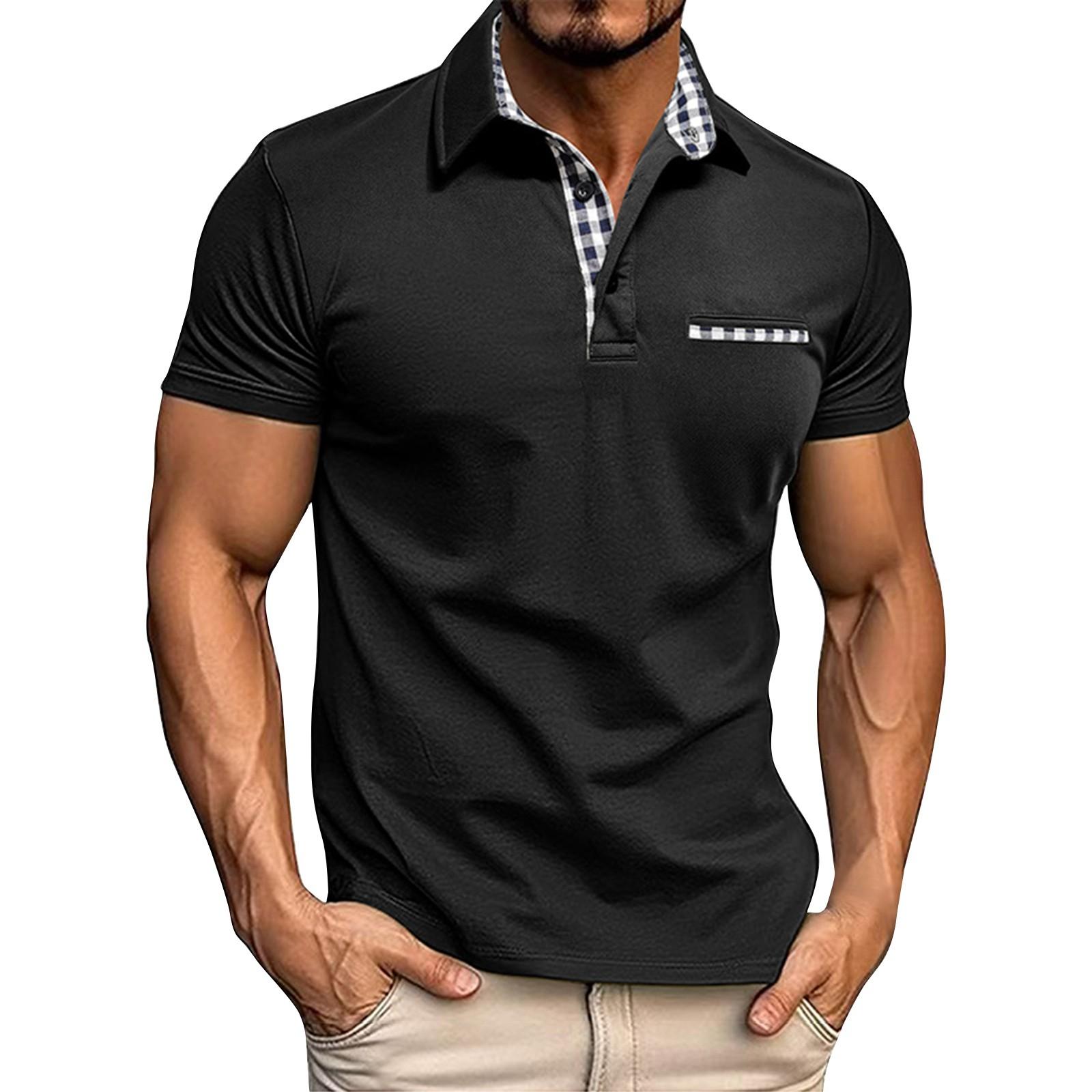 

Мужская весенняя однотонная рубашка с коротким рукавом и лацканами, мужская повседневная модная рубашка L чёрный