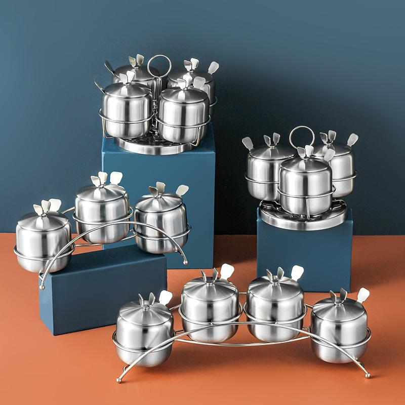 Rotating 304 Stainless Steel Spice Jar Set: Kitchen Seasoning and Storage Containers for Salt, Sugar, MSG, and Chili