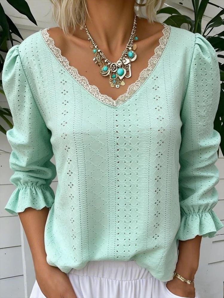 2026 Spring New Women's V-neck Hollow-out Casual Mid-sleeve Top Women's Shirt