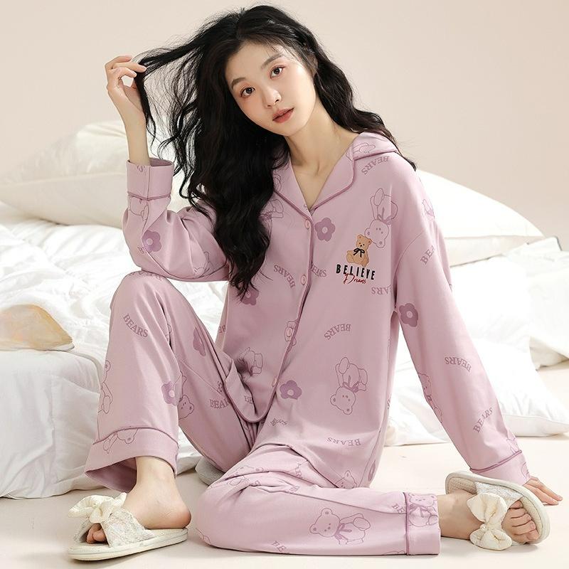 Spring and Autumn Pajamas, Women's Long-sleeved Trousers, Cotton Homewear, Sweet Solid Color Suit