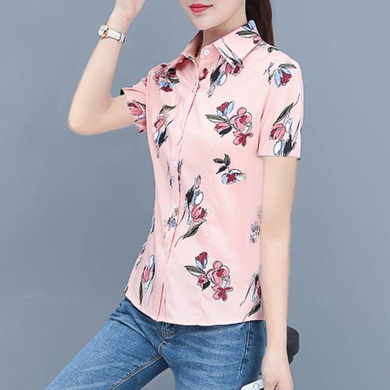 Women Shirt Flower Plaid Pattern Regular Style Shirt Buttons Placket Casual