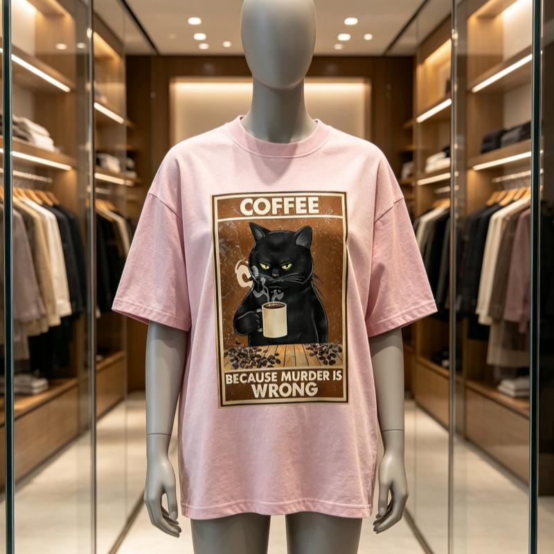 Because Murder Is Wrong Black Cat Drink Coffee Clothing Unisex Wounisex Street Oversized T Shirts Breathable Cotton Streetwear Tshirt