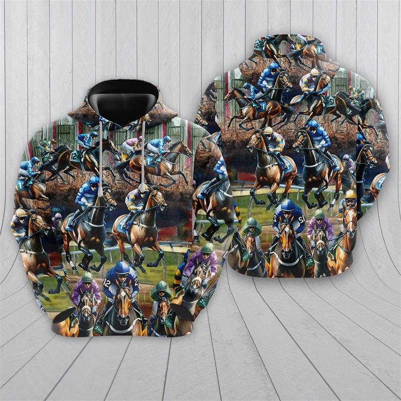 Horse Racing Graphic Hoodies For Men Clothes Race Sweatshirts Fashion Animal Pullovers Casual Boy Streetwear Contest Male Hoody