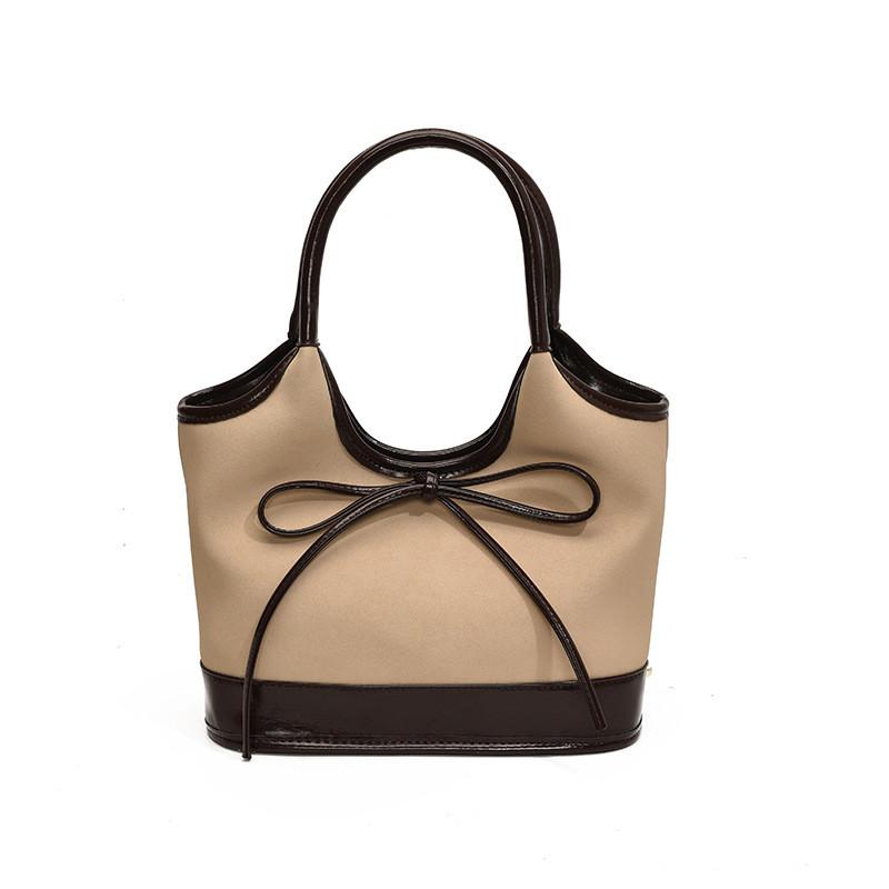 Elegant Color Block Bowknot Large Tote Bag Stylish Pu Shoulder Bag For Everyday Use