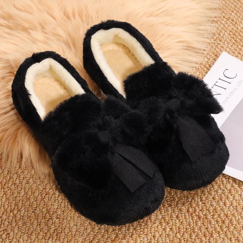 In Autumn and Winter, Women's New Bow-tie Fluffy Shoes with One Foot On Flat-soled Doudou Shoes Wear Thickened and Velvet Warm Cotton Shoes