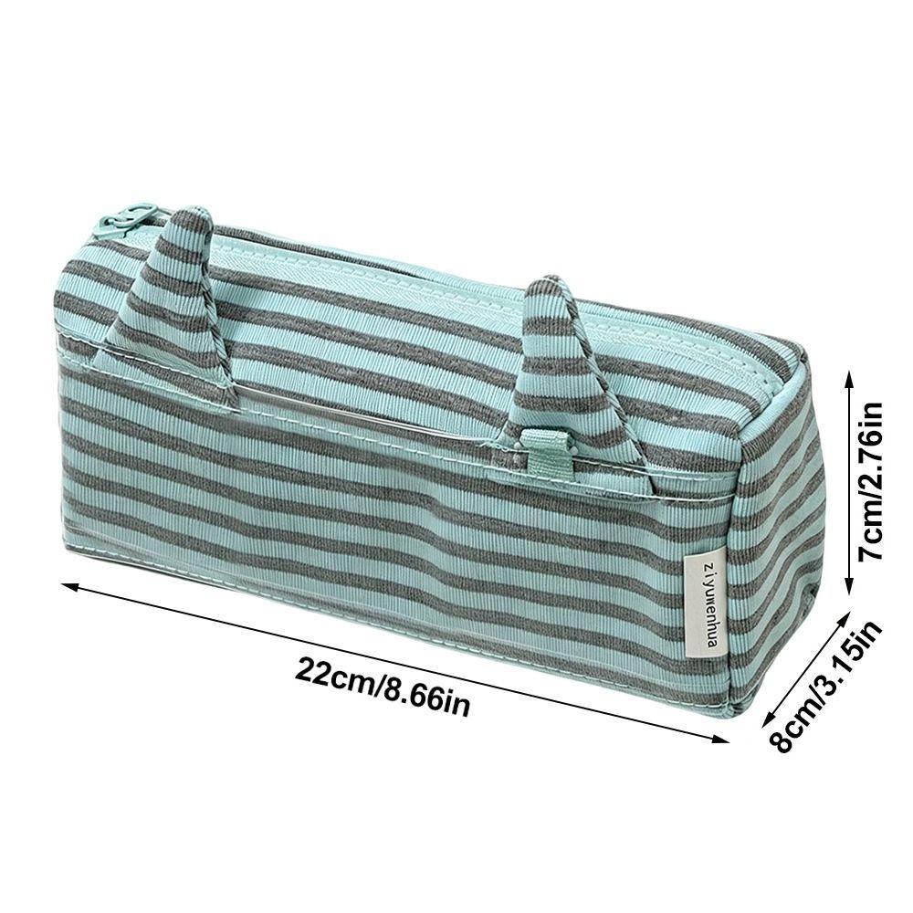 INS Mint Green Stripe Pencil Case Large Capacity Devil Horn Pen Bag with Transparent Pocket Stationery Bag Students