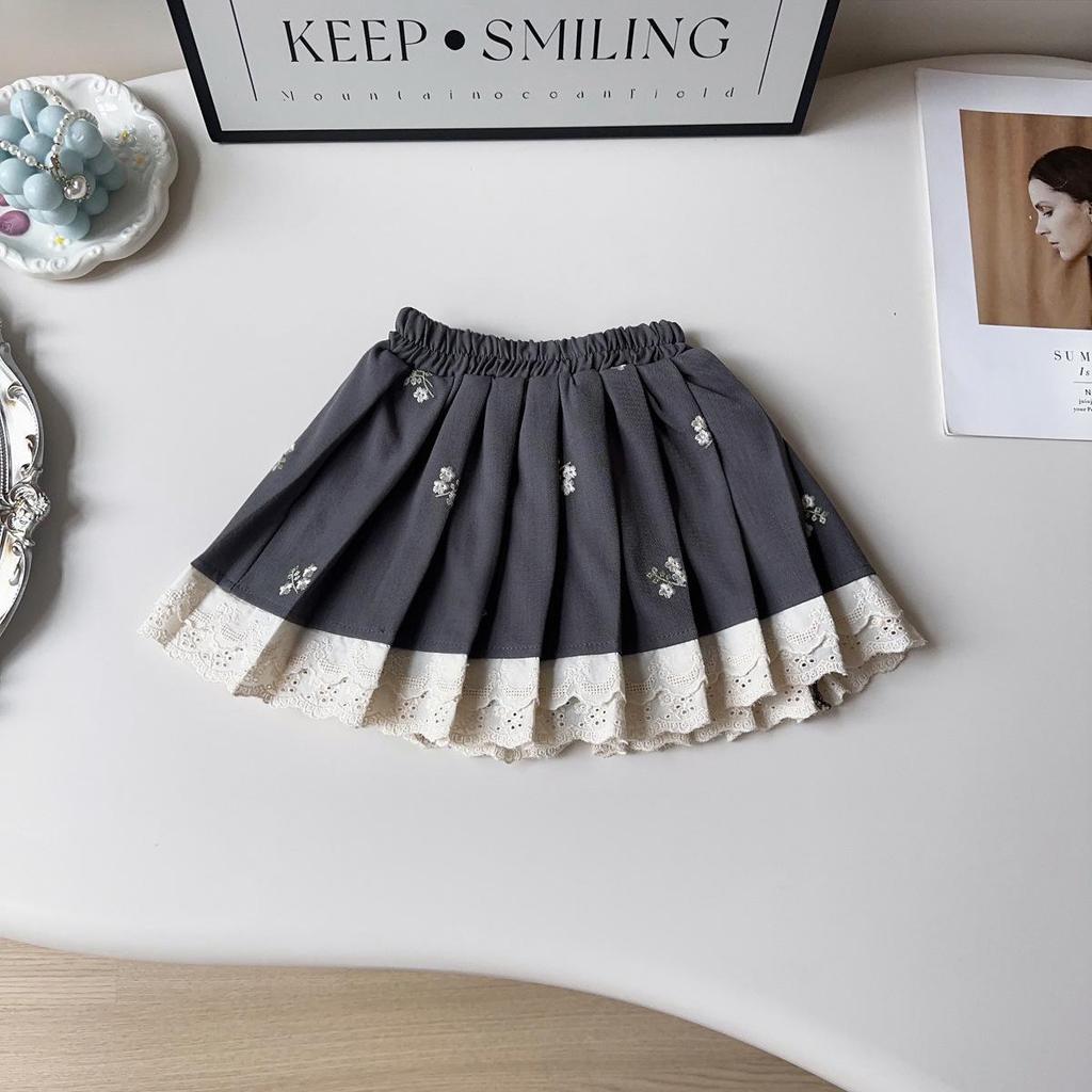 Girls' Stylish College-Style Embroidered Vest & Pleated Skirt Set for Autumn/Spring