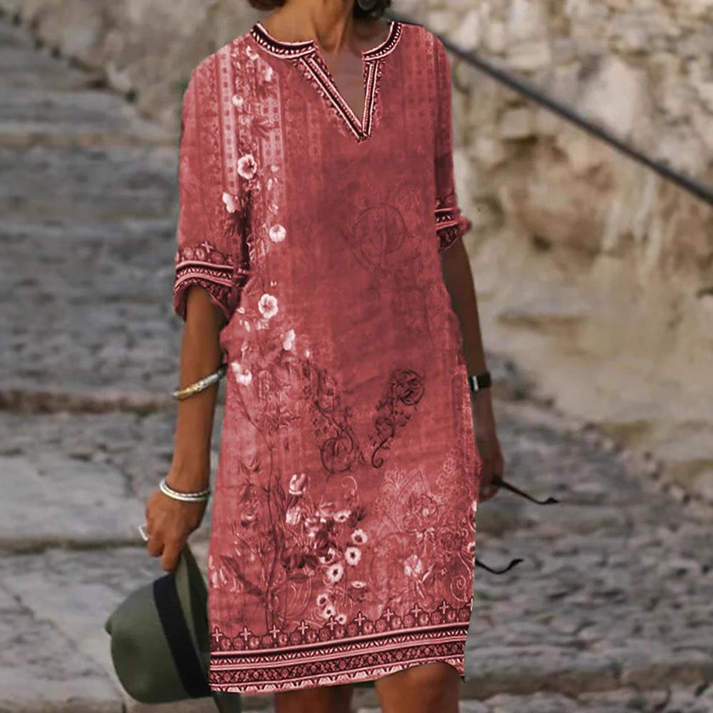 Spring and summer European and American Temu women's clothing new celebrity style printing casual V-neck dress